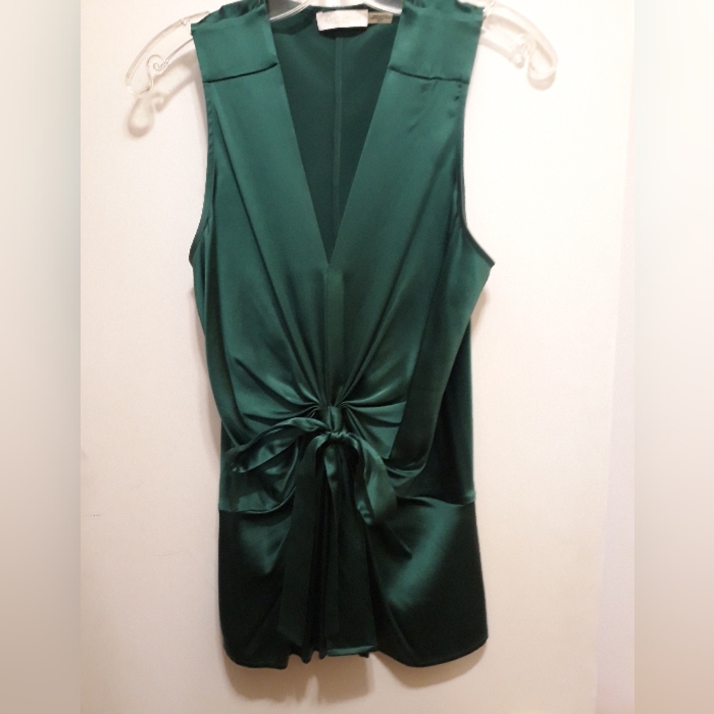 Ramy Brook v-neck pleated top with tie gathering Emerald green size XS